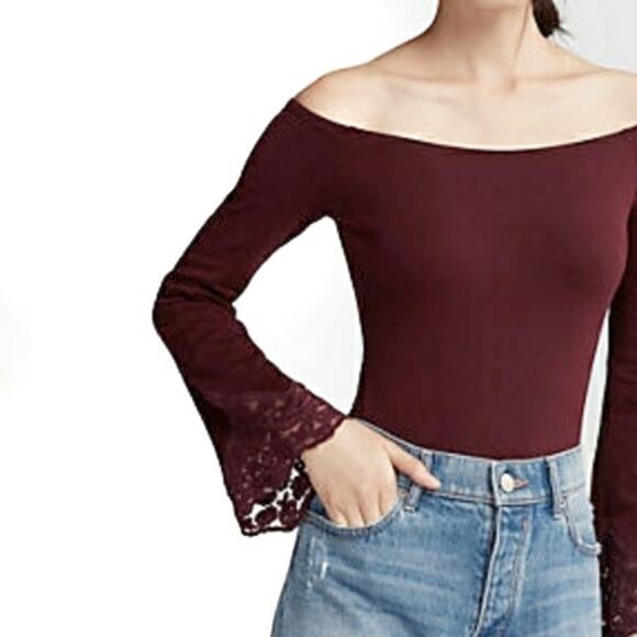 Express | Lace Flare Sleeve Off Shoulder Body Suit - Picture 2 of 11